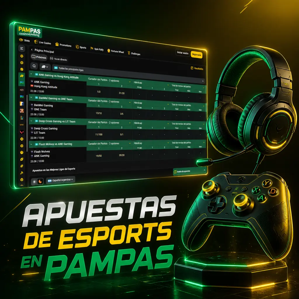 Apuestas de esports en Pampas: mercados para League of Legends, CS2, Dota 2, Valorant y Free Fire con cuotas en vivo.