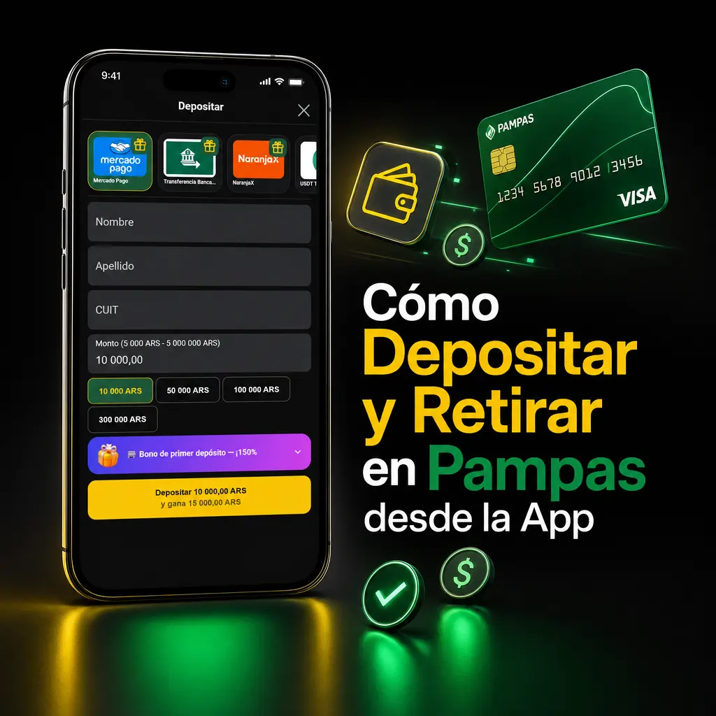 Guía visual para depositar y retirar dinero en la app de Pampas usando Mercado Pago, NaranjaX o USDT TRC-20.
