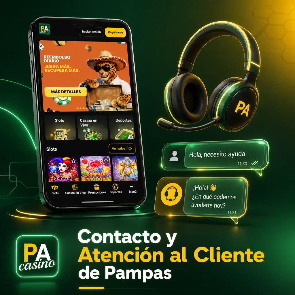 Atención al cliente de Pampas disponible 24/7 por chat en vivo, correo, WhatsApp y Telegram para consultas y transacciones.