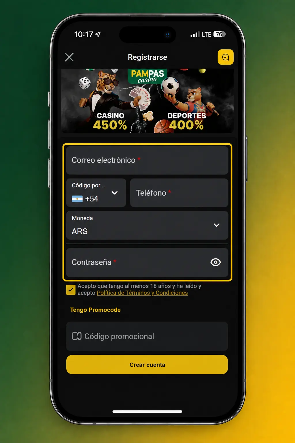 Pasos para registrarte en Pampas: completá tus datos, elegí clave y validá el código para activar tu bono.