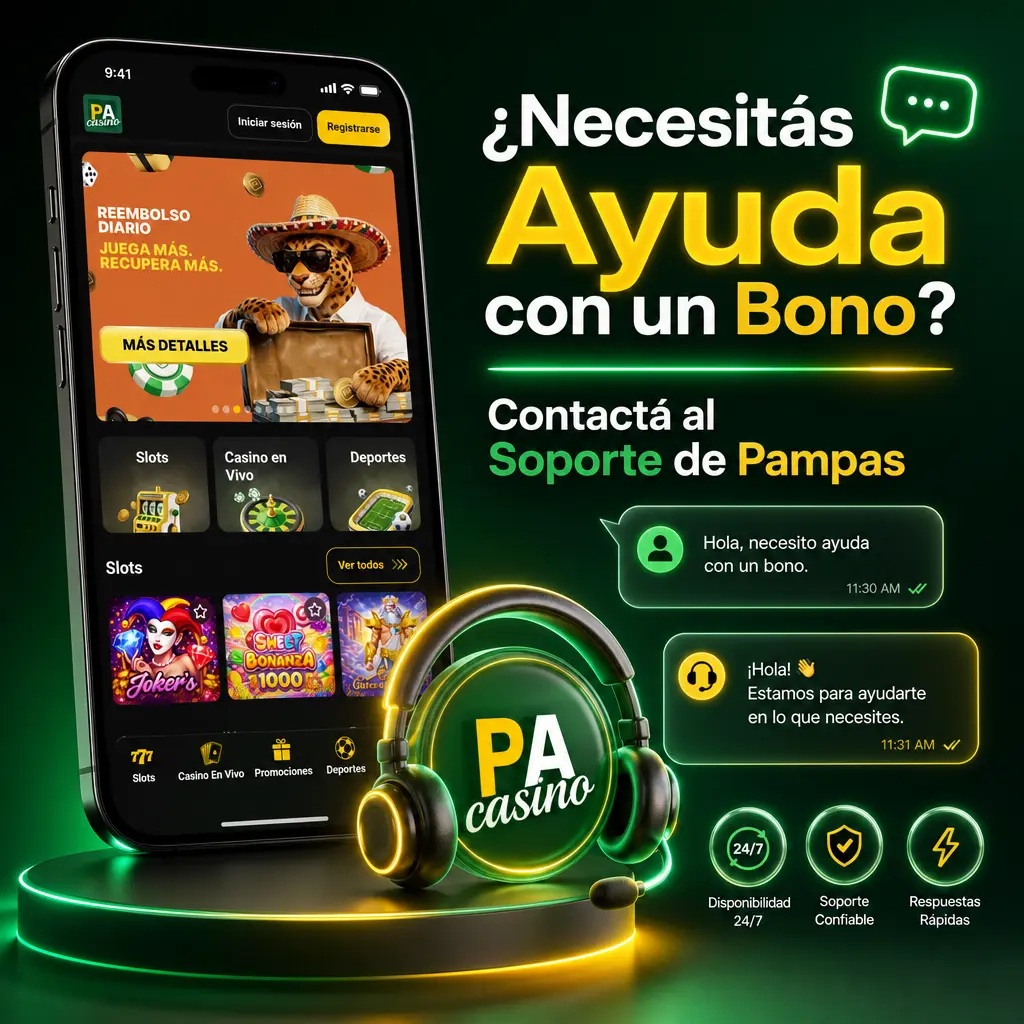 Soporte de Pampas disponible 24/7 para resolver dudas sobre bonos y promociones vía chat, correo o WhatsApp.