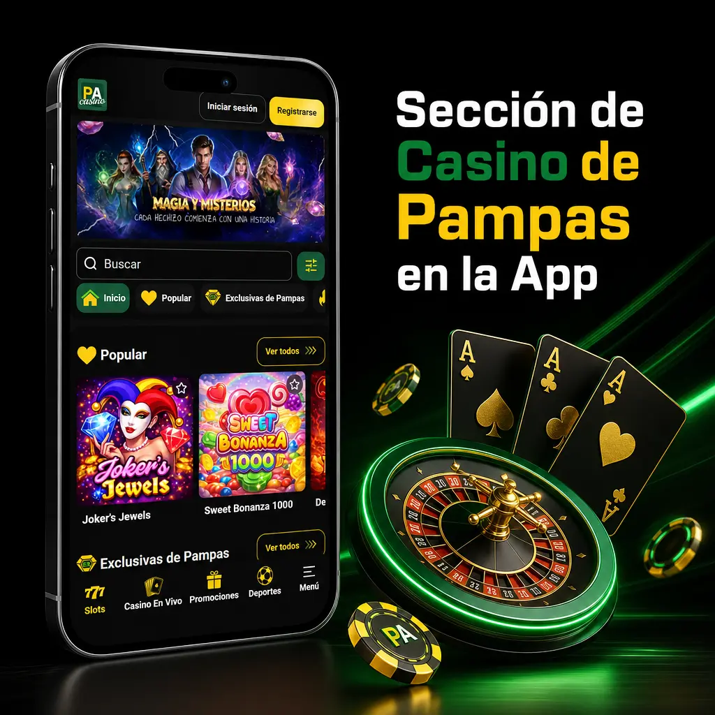Sección de casino en la app de Pampas con tragamonedas, mesas en vivo, crash games y jackpots progresivos organizados por categorías.